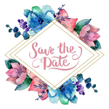 Buket çiçek botanik çiçekler. Suluboya arka plan illüstrasyon küme. Çerçeve kenarlığı süsleme Meydanı.