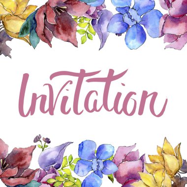 Buket kompozisyon çiçek botanik çiçekler. Suluboya arka plan illüstrasyon küme. Çerçeve kenarlığı süsleme Meydanı.