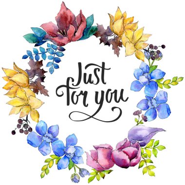 Buket kompozisyon çiçek botanik çiçekler. Suluboya arka plan illüstrasyon küme. Çerçeve kenarlığı süsleme Meydanı.