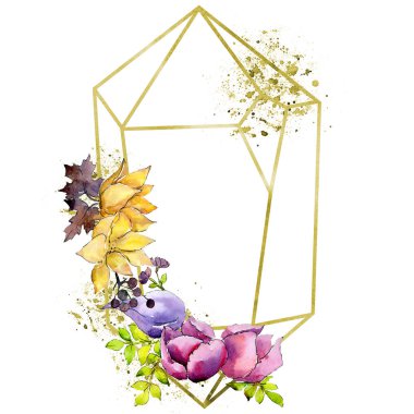 Buket kompozisyon botanik çiçek. Suluboya arka plan illüstrasyon küme. Çerçeve kenarlığı kristal süsleme Meydanı.