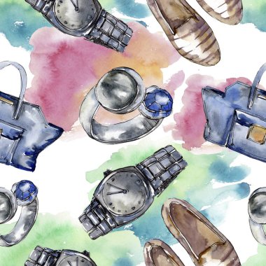 Moda kroki glamour çizimde bir suluboya stil izole öğesi. Sorunsuz arka plan deseni.