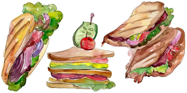 고립 된 수채화 스타일에서 샌드위치. 흰색 바탕에 수채화 패스트 푸드 그림 요소. — 스톡 사진