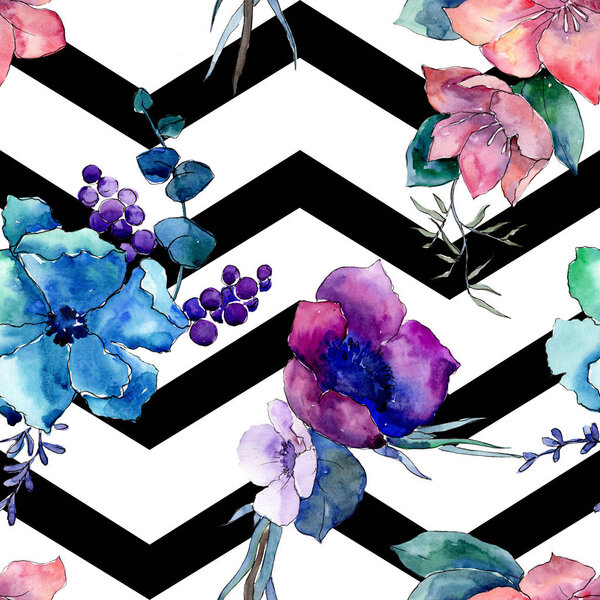 Bouquet floral botanical flowers. Watercolor background illustration set. Seamless background pattern.