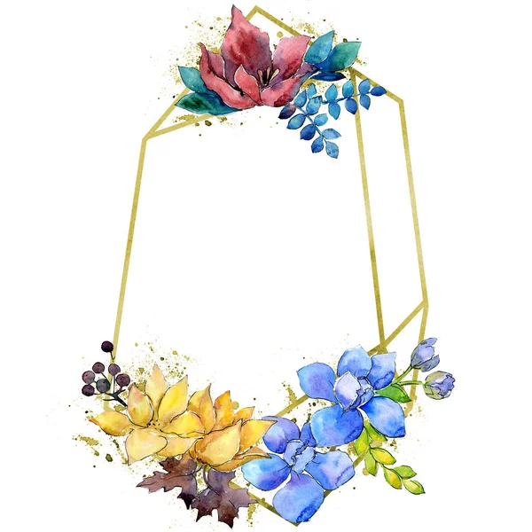 Bouquet composition botanical flowers. Watercolor background illustration set. Frame border crystal ornament square. — Stock Photo, Image