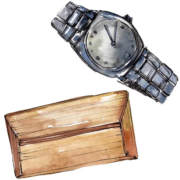 Sprzęgła i zegarek szkic ilustracji glamour w stylu przypominającym akwarele element na białym tle. Zestaw tła akwarela. — Zdjęcie stockowe