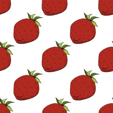 Vektör çilek taze meyve sağlıklı gıda. Kırmızı ve yeşil mürekkep sanat kazınmış. Sorunsuz arka plan deseni.