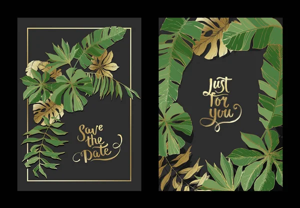 Vector Hojas tropicales. Arte grabado en oro y tinta verde. Tarjeta de fondo de boda borde decorativo floral . — Vector de stock