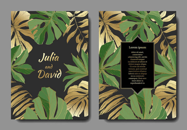 Vector Tropical leaves. Gold and green engraved ink art. Wedding background card floral decorative border.