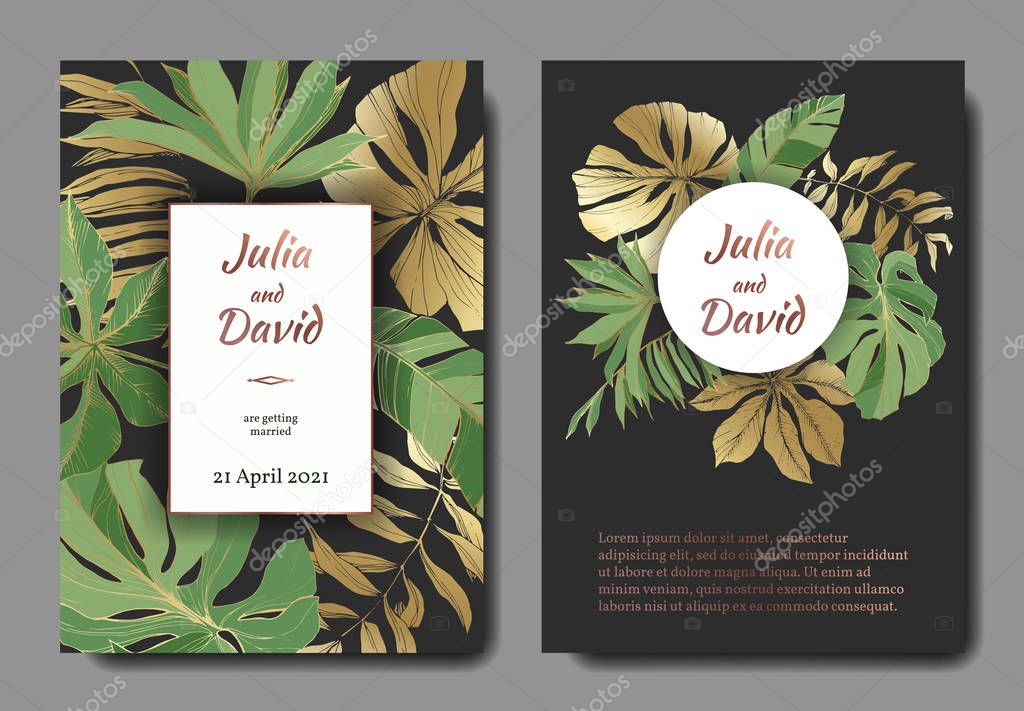 Vector Tropical leaves. Gold and green engraved ink art. Wedding background card floral decorative border.