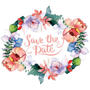 Buketler çiçek botanik çiçekler. Suluboya arka plan illüstrasyon küme. Çerçeve kenarlığı süsleme Meydanı.