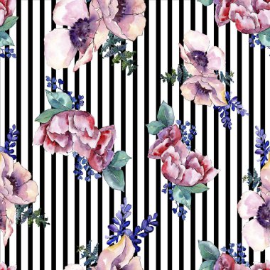 Mor buket botanik çiçek. Suluboya arka plan illüstrasyon küme. Sorunsuz arka plan deseni.