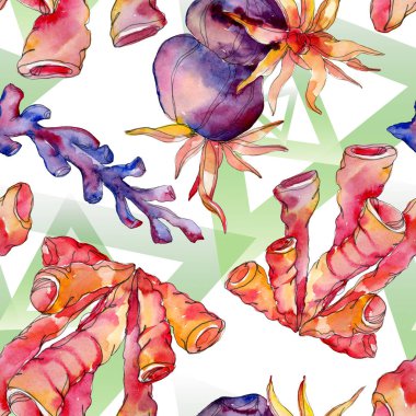 Renkli su sualtı doğa mercan kayalığı. Suluboya arka plan illüstrasyon küme. Sorunsuz arka plan deseni.