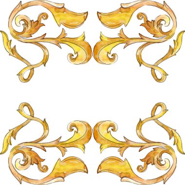 Altın monogram çiçek süsleme. Suluboya arka plan illüstrasyon küme. Çerçeve kenarlığı süsleme Meydanı.