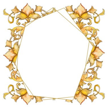 Altın monogram çiçek süsleme. Suluboya arka plan illüstrasyon küme. Çerçeve kenarlığı süsleme Meydanı.