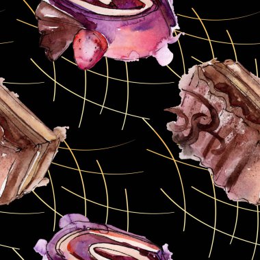 Meyve izole bir sulu boya stilinde lezzetli pasta. Aquarelle şekerli tatlı illüstrasyon. Suluboya çizim moda seti. Sorunsuz arka plan deseni. Kumaş duvar kağıdı yazdırma doku.
