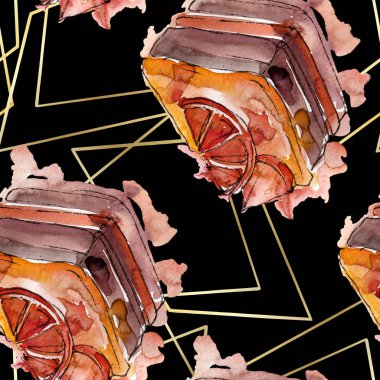 Meyve izole bir sulu boya stilinde lezzetli pasta. Aquarelle şekerli tatlı illüstrasyon. Suluboya çizim moda seti. Sorunsuz arka plan deseni. Kumaş duvar kağıdı yazdırma doku.