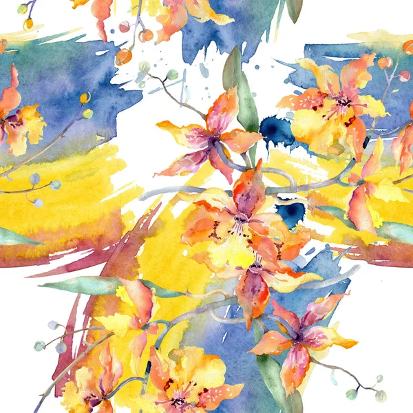Ramo de orquídea amarela. Flores botânicas florais. Conjunto de ilustração de fundo aquarela. Padrão de fundo sem costura . — Fotografia de Stock