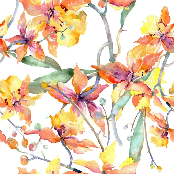 Sarı orkide dalı. Botanik çiçek çiçekler. Suluboya arka plan illüstrasyon küme. Sorunsuz arka plan deseni. — Stok fotoğraf