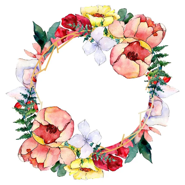 Bouquets floral botanical flowers. Watercolor background illustration set. Frame border crystal ornament square. — Stock Photo, Image