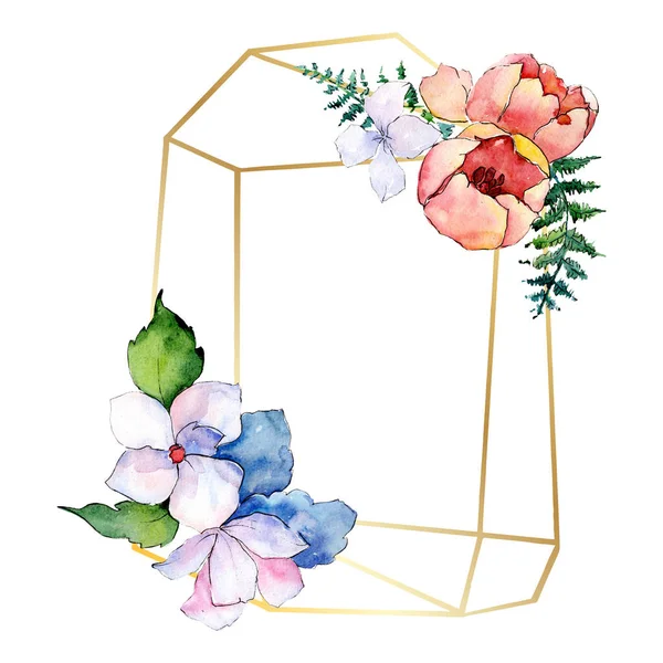 Boeketten bloemen botanische bloemen. Aquarel achtergrond afbeelding instellen. Frame grens kristal ornament vierkant. — Stockfoto