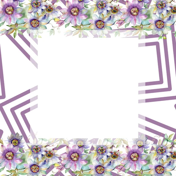 Μπλε βιολετί μπουκέτο λουλουδιών βοτανικό λουλούδια. Ακουαρέλα φόντο εικόνα σύνολο. Πλαίσιο συνόρων στολίδι τετράγωνο. — Φωτογραφία Αρχείου
