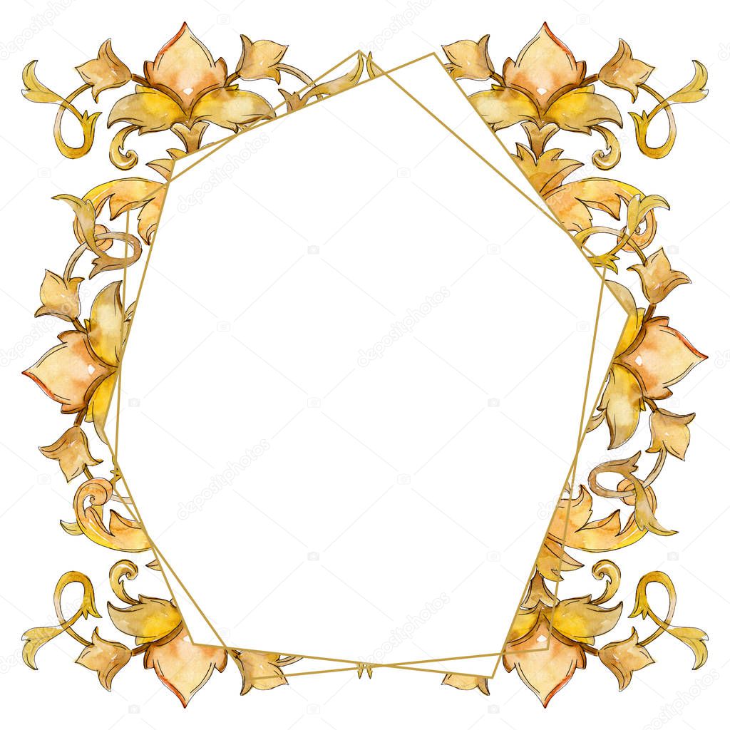 Gold monogram floral ornament. Watercolor background illustration set. Frame border ornament square.