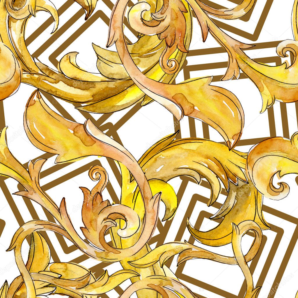 Gold monogram floral ornament. Watercolor background illustration set. Seamless background pattern.
