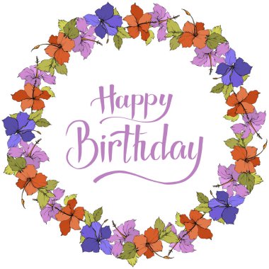 Vektör Hibiscus çiçek botanik çiçek. Egzotik tropik hawaiian yaz. Beyaz arka plan üzerinde oyulmuş mürekkep sanat. Çerçeve kenarlığı süsleme Meydanı.