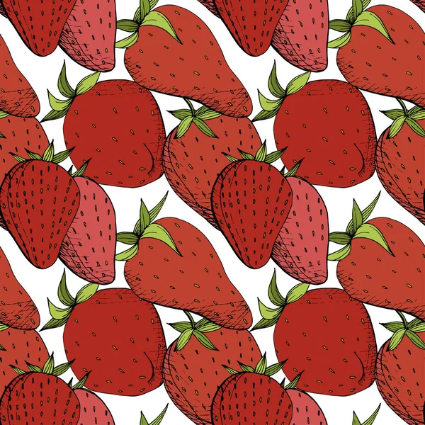 Vektor Erdbeere Frisches Obst Gesunde Nahrung Rote Und Grüne Gravurtintenkunst — Stockvektor