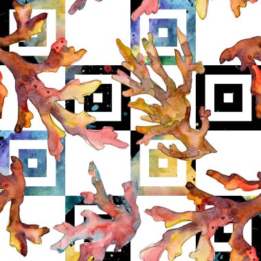 Kırmızı ve sarı su sualtı doğa mercan kayalığı. Suluboya resim kümesi. Suluboya çizim moda aquarelle izole. Sorunsuz arka plan deseni. Kumaş duvar kağıdı yazdırma doku.