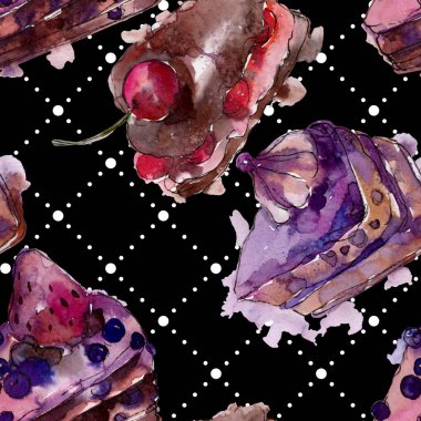 Meyve izole bir sulu boya stilinde lezzetli pasta. Aquarelle şekerli tatlı illüstrasyon. Suluboya çizim moda seti. Sorunsuz arka plan deseni. Kumaş duvar kağıdı yazdırma doku.