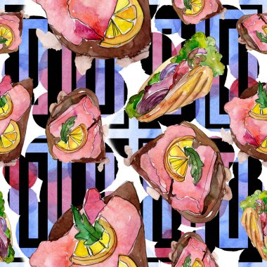 Sandviç izole bir suluboya tarzında ayarlayın. Suluboya lokanta illüstrasyon öğesi. Sorunsuz aquarelle arka plan deseni. Kumaş duvar kağıdı yazdırma doku.