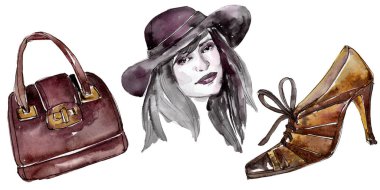Moda kroki moda glamour çizimde bir suluboya stil izole aquarelle öğesi. Giyim Aksesuarları trendy moda kıyafet ayarlayın. Suluboya arka plan illüstrasyon seti.