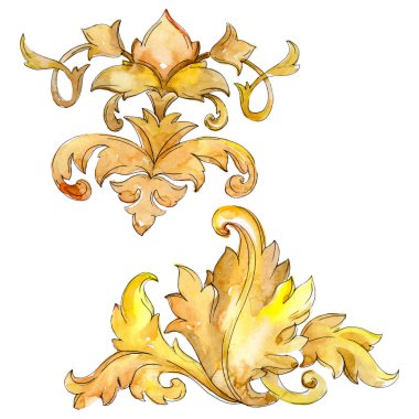 Altın monogram çiçek süsleme. Barok tasarım öğeleri. Suluboya arka plan illüstrasyon küme. Suluboya çizim moda aquarelle. İzole monogram illüstrasyon öğesi.