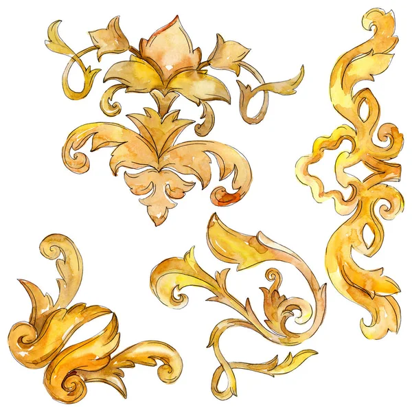 Guld Monogram Blommig Prydnad Barock Designelement Akvarell Bakgrund Illustration Set — Stockfoto