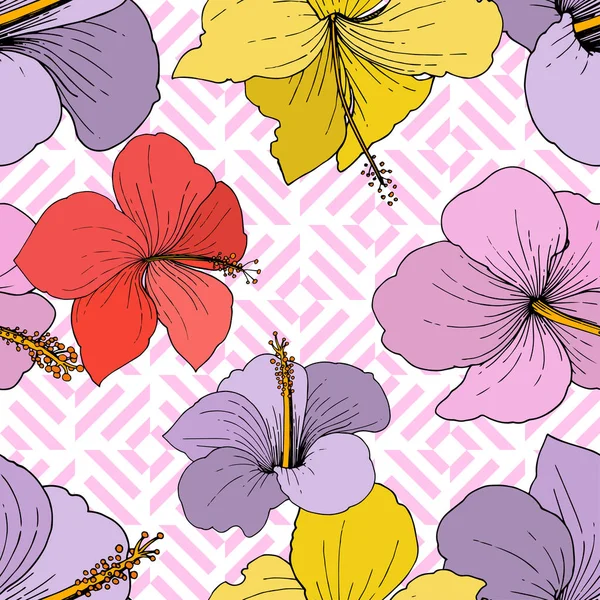 Vector Hibiscus Flores Tropicales Florales Flor Silvestre Hoja Primavera Aislada — Vector de stock