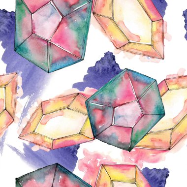 Renkli taş takı mineraller. Geometrik çokgen kristal taş. Suluboya resim kümesi. Suluboya çizim aquarelle izole. Sorunsuz arka plan deseni. Kumaş duvar kağıdı yazdırma doku.