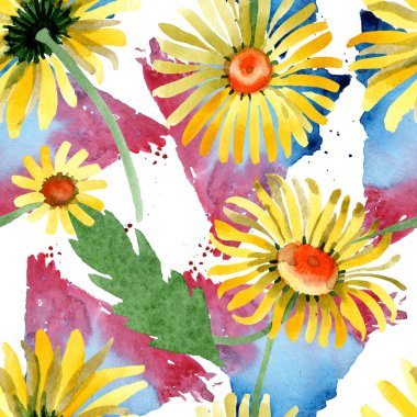 Sarı papatya botanik çiçek. Vahşi bahar yaprak kır çiçeği. Suluboya resim kümesi. Suluboya çizim moda aquarelle izole. Sorunsuz arka plan deseni. Kumaş duvar kağıdı yazdırma doku.