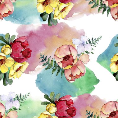 Buketler çiçek botanik çiçekler. Vahşi bahar yaprak izole. Suluboya resim kümesi. Suluboya çizim moda aquarelle izole. Sorunsuz arka plan deseni. Kumaş duvar kağıdı yazdırma doku.