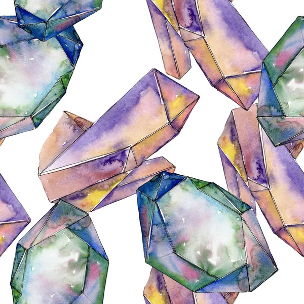 Colorful rock jewelry minerals. Geometric polygon crystal stone. Watercolor illustration set. Watercolour drawing aquarelle isolated. Seamless background pattern. Fabric wallpaper print texture.