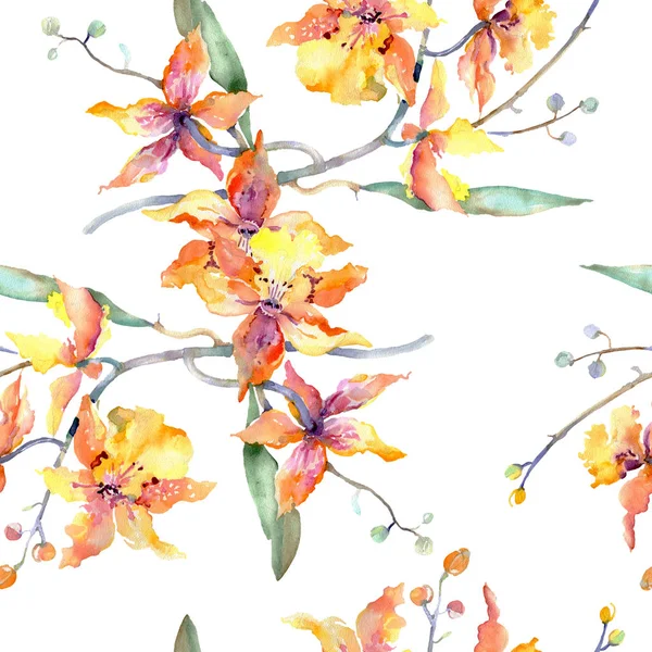 黄色の蘭の植物の花の枝 野生春葉が分離されました 水彩イラスト セット 水彩描画ファッション Aquarelle シームレスな背景パターン 壁紙印刷手触りの生地 — ストック写真