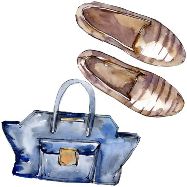 El çantası ve makosen glamour çizimde bir suluboya stil izole öğesi kroki. Suluboya arka plan ayarlamak.