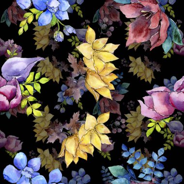 Buket kompozisyon çiçek botanik çiçekler. Suluboya arka plan illüstrasyon küme. Sorunsuz arka plan deseni.