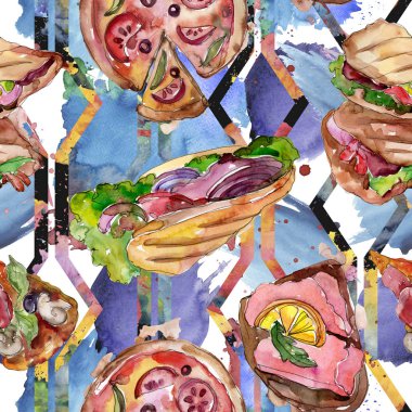 Bir suluboya tarzında sandviç. Suluboya lokanta illüstrasyon öğesi. Sorunsuz arka plan deseni.