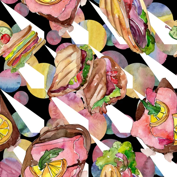 水彩画风格的三明治。水彩画快餐插画元素。无缝的背景模式. — 图库照片