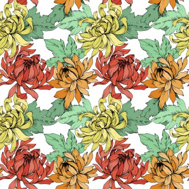 Vektör krizantem çiçek botanik çiçekler. Oyulmuş mürekkep sanat. Sorunsuz arka plan deseni.