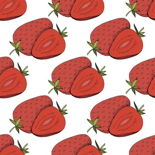 Vector Fresa fruta fresca alimentos saludables. Tinta grabada roja y verde. Patrón de fondo sin costuras . — Archivo Imágenes Vectoriales