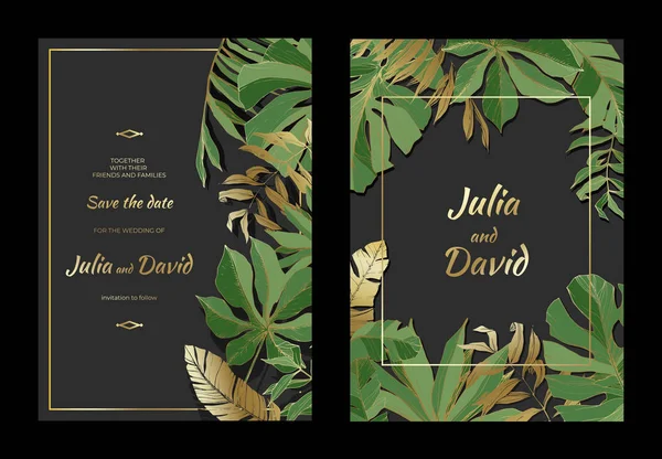 Vector Hojas tropicales. Arte grabado en oro y tinta verde. Tarjeta de fondo de boda borde decorativo floral . — Vector de stock