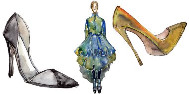 Moda kroki glamour çizimde bir suluboya stil izole öğesi. Suluboya arka plan ayarlamak.
