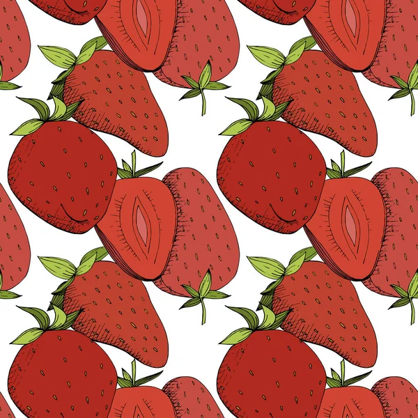 Vector Morango fruta fresca comida saudável. Tinta vermelha e verde gravada arte. Padrão de fundo sem costura . — Vetor de Stock